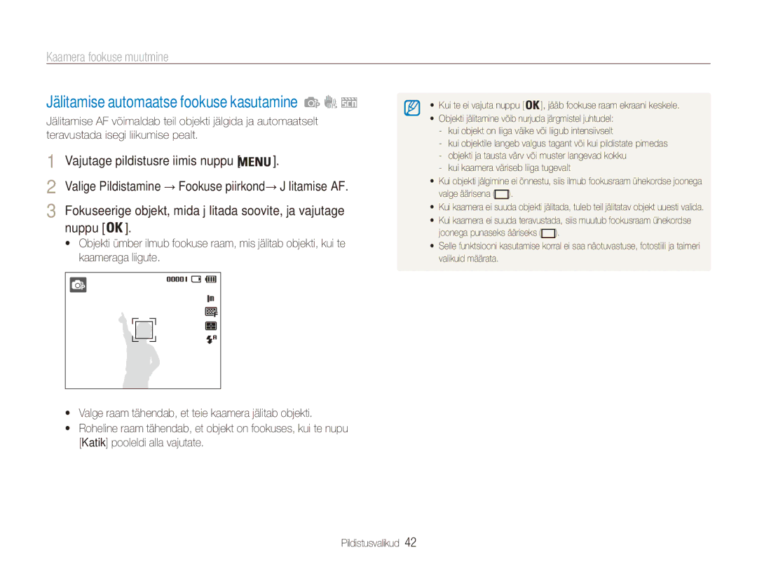 Samsung EC-ES80ZZBPBE2 manual Jälitamise automaatse fookuse kasutamine, Kaamera fookuse muutmine 