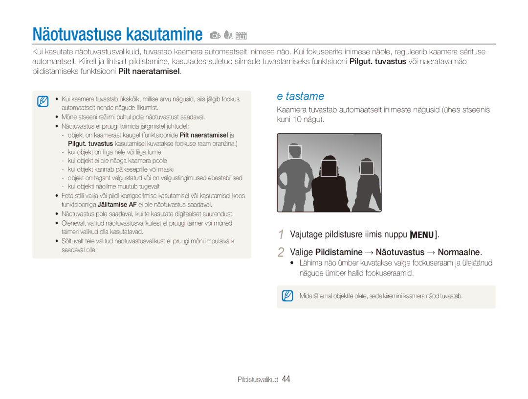 Samsung EC-ES80ZZBPBE2 manual Näotuvastuse kasutamine, Nägude tuvastamine 