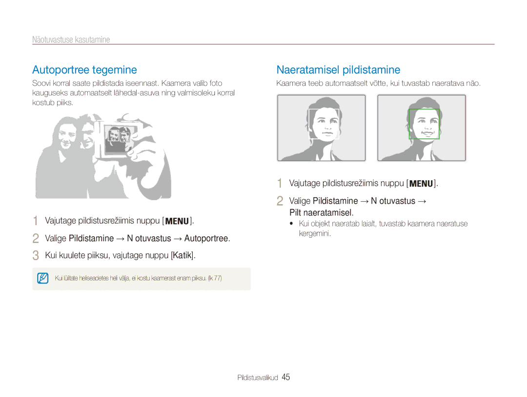 Samsung EC-ES80ZZBPBE2 manual Autoportree tegemine, Naeratamisel pildistamine, Näotuvastuse kasutamine, Pilt naeratamisel 
