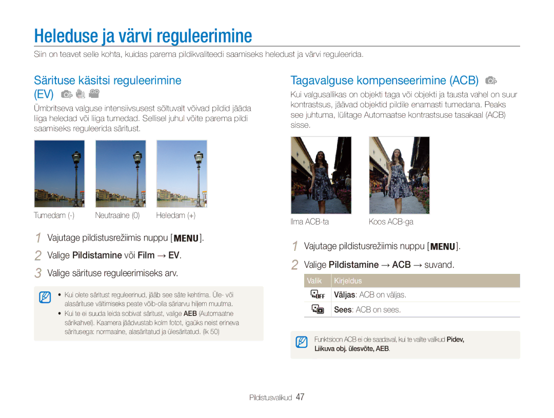 Samsung EC-ES80ZZBPBE2 Heleduse ja värvi reguleerimine, Särituse käsitsi reguleerimine EV, Tagavalguse kompenseerimine ACB 