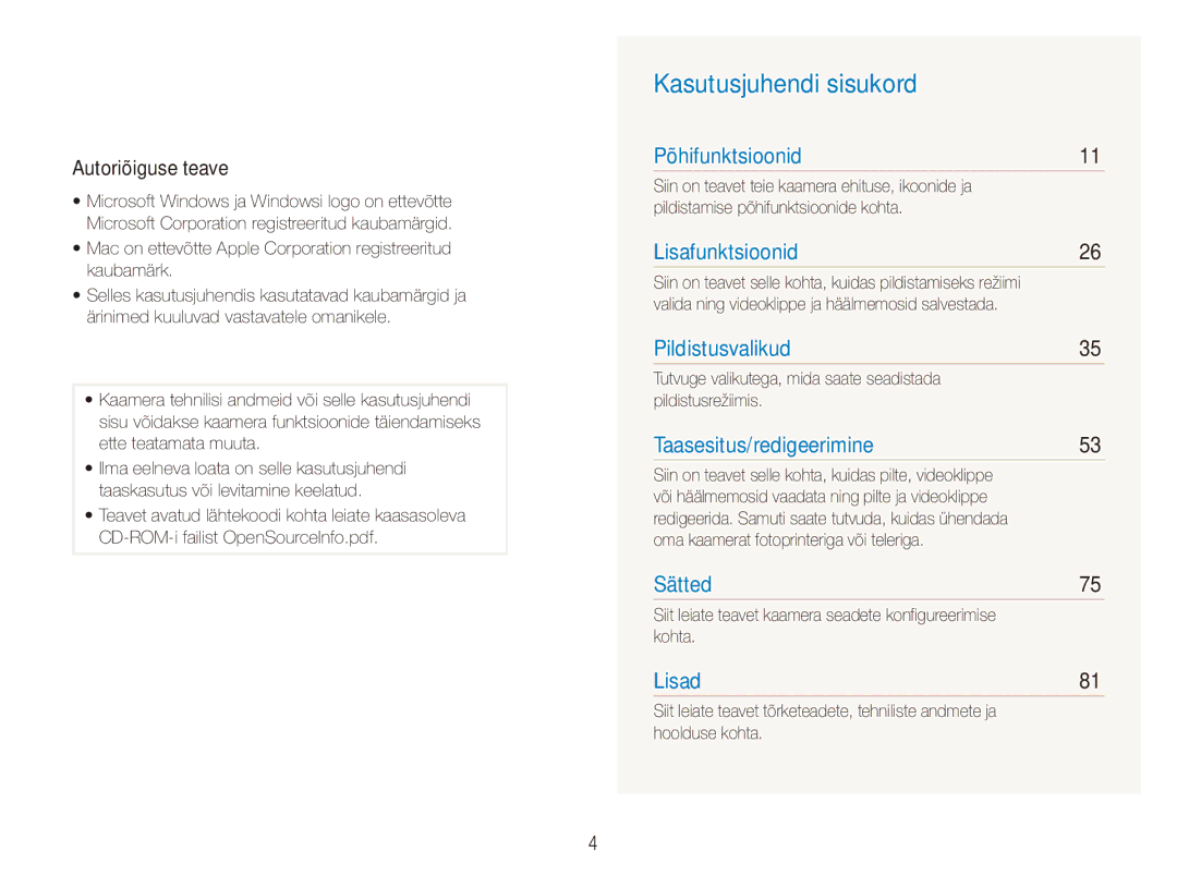 Samsung EC-ES80ZZBPBE2 manual Kasutusjuhendi sisukord, Autoriõiguse teave 