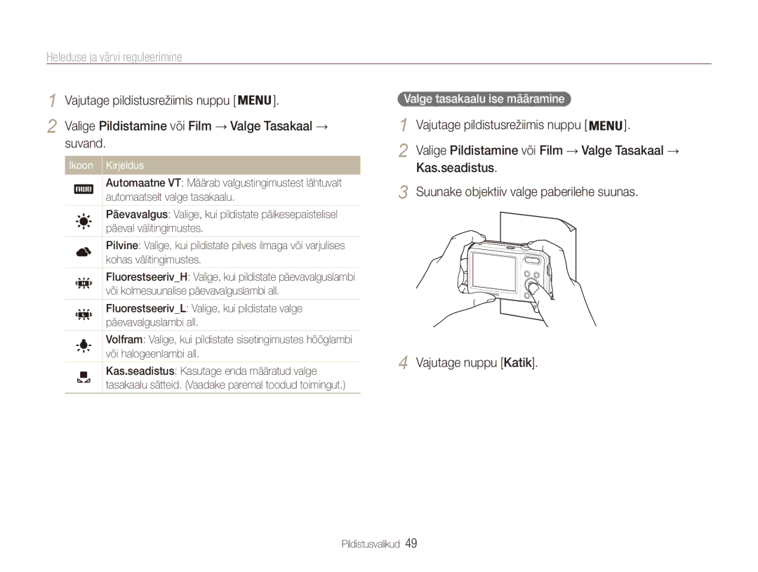 Samsung EC-ES80ZZBPBE2 manual Suvand, Valge tasakaalu ise määramine 