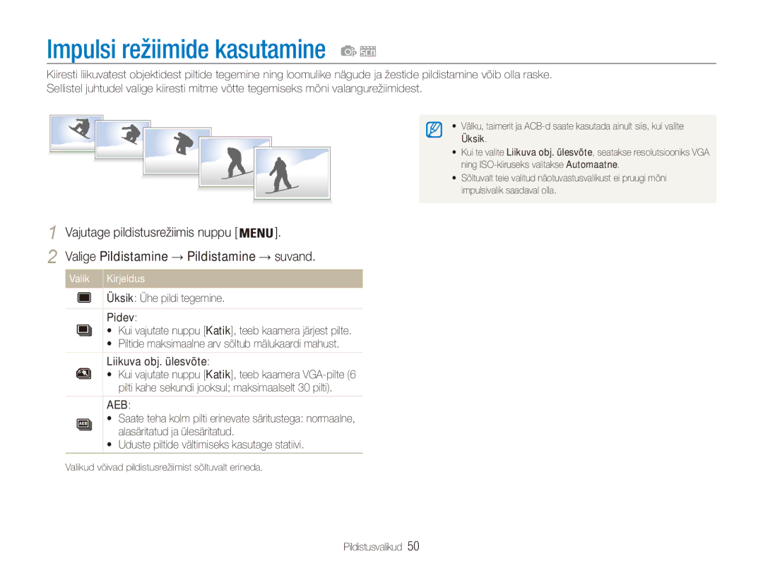 Samsung EC-ES80ZZBPBE2 manual Impulsi režiimide kasutamine, Valik Kirjeldus 