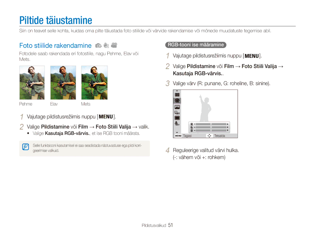 Samsung EC-ES80ZZBPBE2 manual Piltide täiustamine, Foto stiilide rakendamine, RGB-tooni ise määramine 