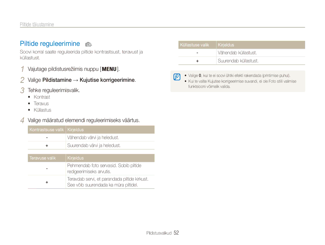 Samsung EC-ES80ZZBPBE2 manual Piltide reguleerimine, Piltide täiustamine, Valige määratud elemendi reguleerimiseks väärtus 