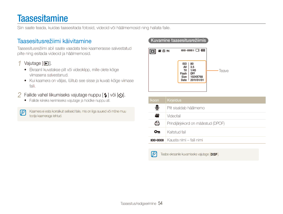 Samsung EC-ES80ZZBPBE2 manual Taasesitamine, Taasesitusrežiimi käivitamine, Failide vahel liikumiseks vajutage nuppu või 