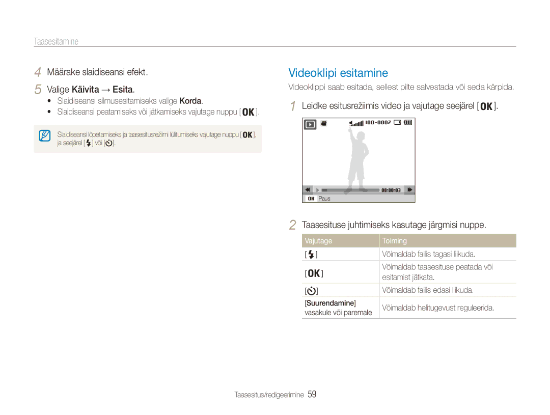 Samsung EC-ES80ZZBPBE2 manual Videoklipi esitamine, Määrake slaidiseansi efekt Valige Käivita → Esita, Vajutage Toiming 