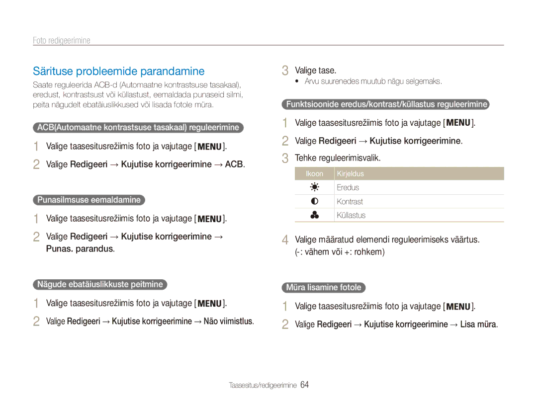 Samsung EC-ES80ZZBPBE2 manual Särituse probleemide parandamine, Valige tase, Valige taasesitusrežiimis foto ja vajutage 