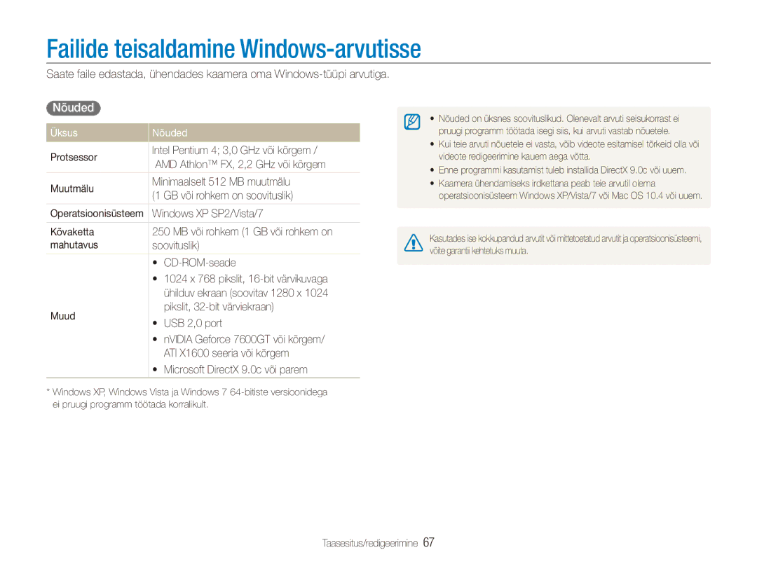 Samsung EC-ES80ZZBPBE2 manual Failide teisaldamine Windows-arvutisse, Üksus Nõuded 