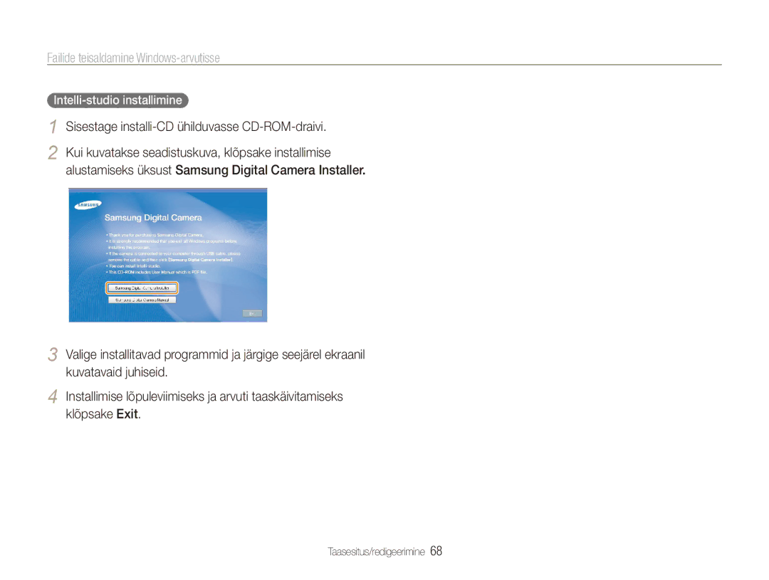 Samsung EC-ES80ZZBPBE2 manual Failide teisaldamine Windows-arvutisse, Sisestage installi-CD ühilduvasse CD-ROM-draivi 