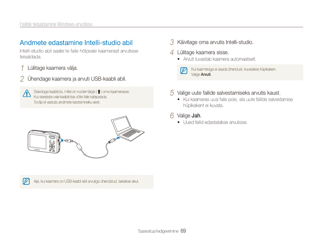 Samsung EC-ES80ZZBPBE2 Andmete edastamine Intelli-studio abil, Käivitage oma arvutis Intelli-studio Lülitage kaamera sisse 