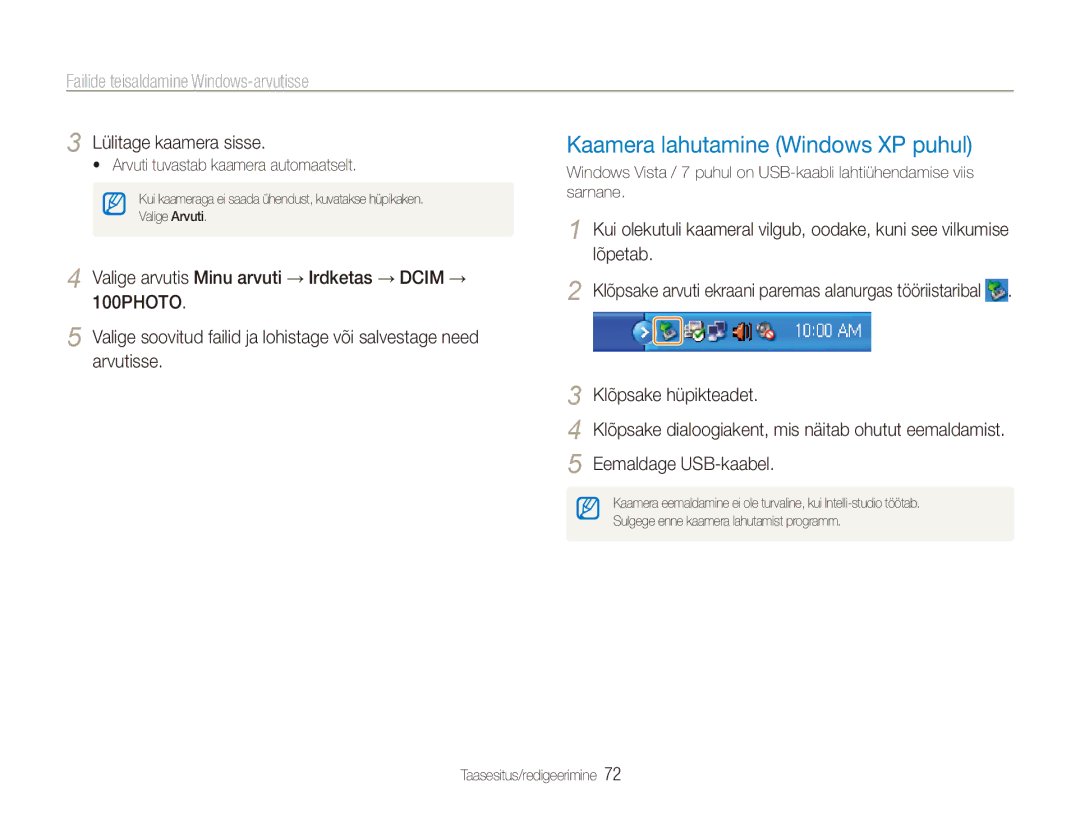 Samsung EC-ES80ZZBPBE2 manual Kaamera lahutamine Windows XP puhul, Klõpsake arvuti ekraani paremas alanurgas tööriistaribal 