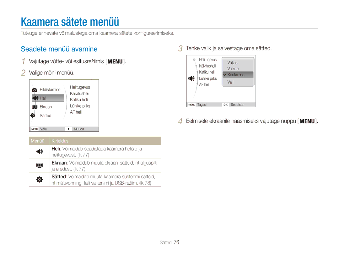 Samsung EC-ES80ZZBPBE2 manual Kaamera sätete menüü, Seadete menüü avamine, Valige mõni menüü, Menüü 