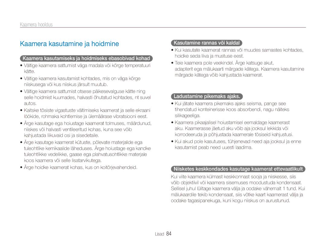 Samsung EC-ES80ZZBPBE2 manual Kaamera kasutamine ja hoidmine, Kaamera hooldus 