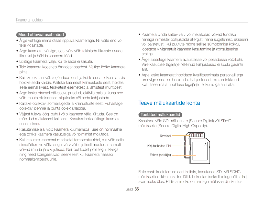 Samsung EC-ES80ZZBPBE2 manual Teave mälukaartide kohta, Muud ettevaatusabinõud, Toetatud mälukaardid 