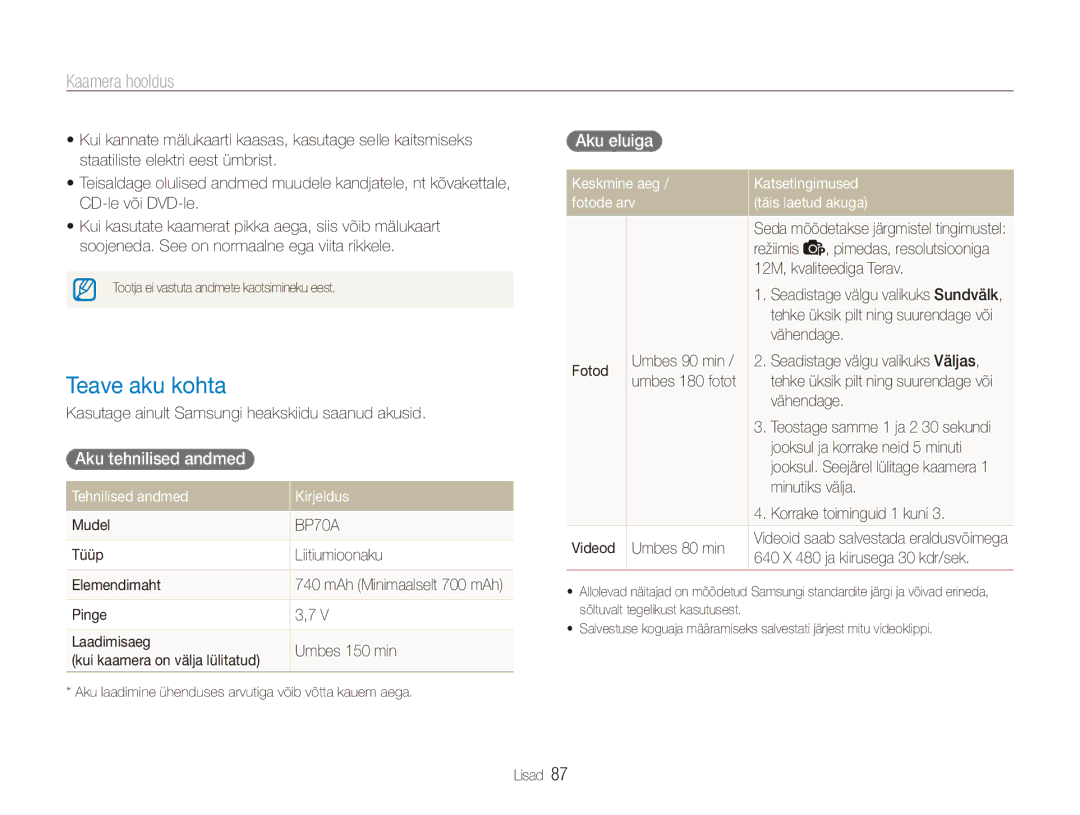 Samsung EC-ES80ZZBPBE2 manual Teave aku kohta, Aku tehnilised andmed, Aku eluiga, Tehnilised andmed Kirjeldus 