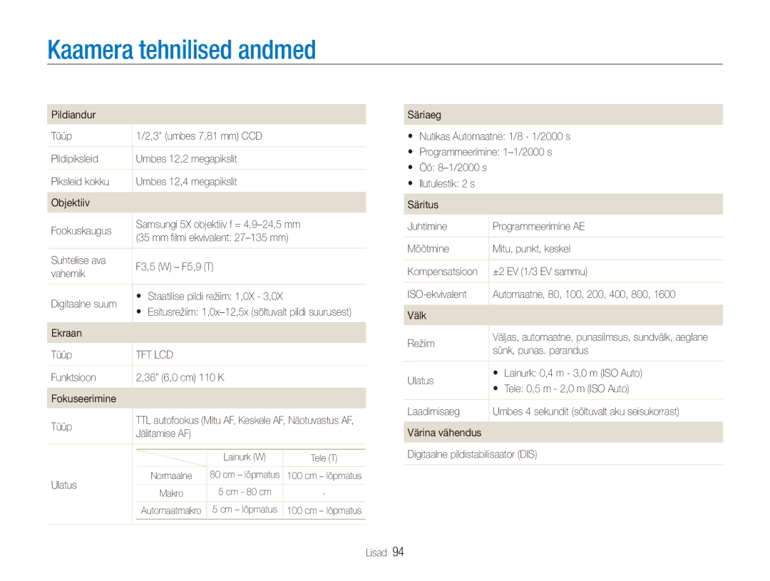 Samsung EC-ES80ZZBPBE2 manual Kaamera tehnilised andmed 