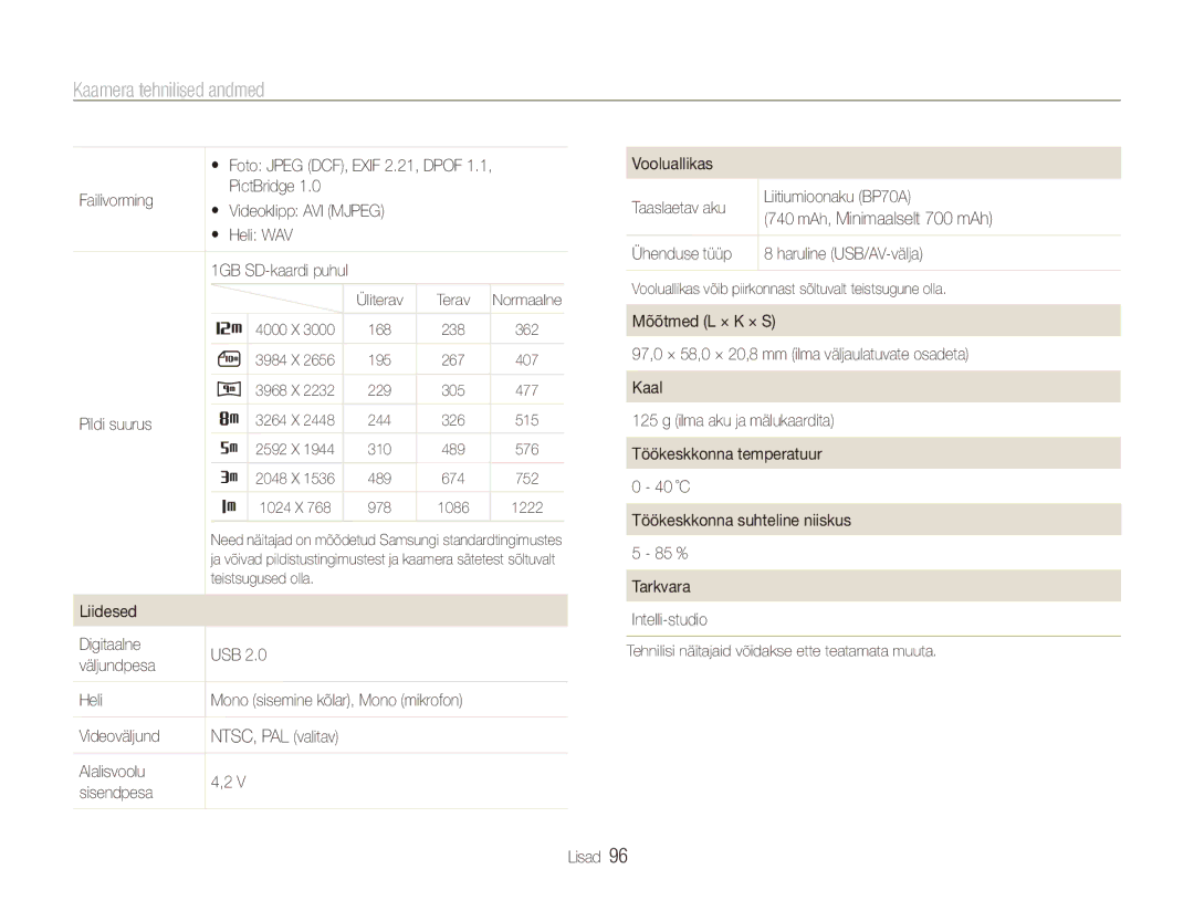 Samsung EC-ES80ZZBPBE2 manual Failivorming PictBridge, Heli WAV, Pildi suurus, Liidesed Digitaalne USB Väljundpesa Heli 