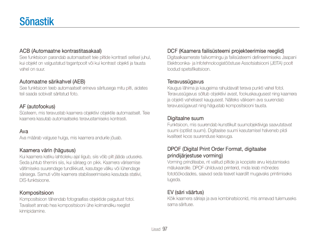 Samsung EC-ES80ZZBPBE2 manual Sõnastik 