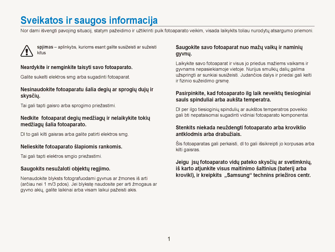 Samsung EC-ES80ZZBPBE2 manual Sveikatos ir saugos informacija, Neardykite ir nemginkite taisyti savo fotoaparato 