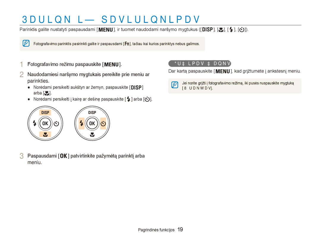 Samsung EC-ES80ZZBPBE2 manual Parinkties, Paspausdami, Meniu, Grįžimas į ankstesnį meniu 