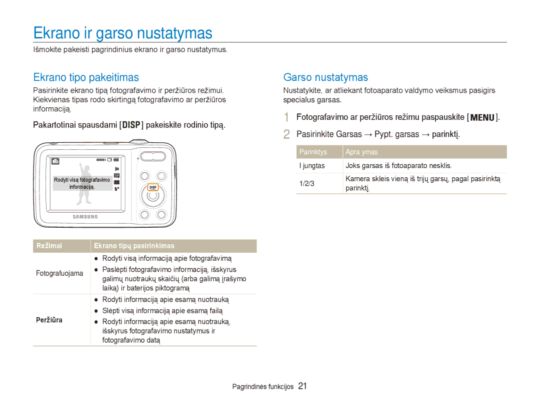 Samsung EC-ES80ZZBPBE2 manual Ekrano ir garso nustatymas, Ekrano tipo pakeitimas, Garso nustatymas 