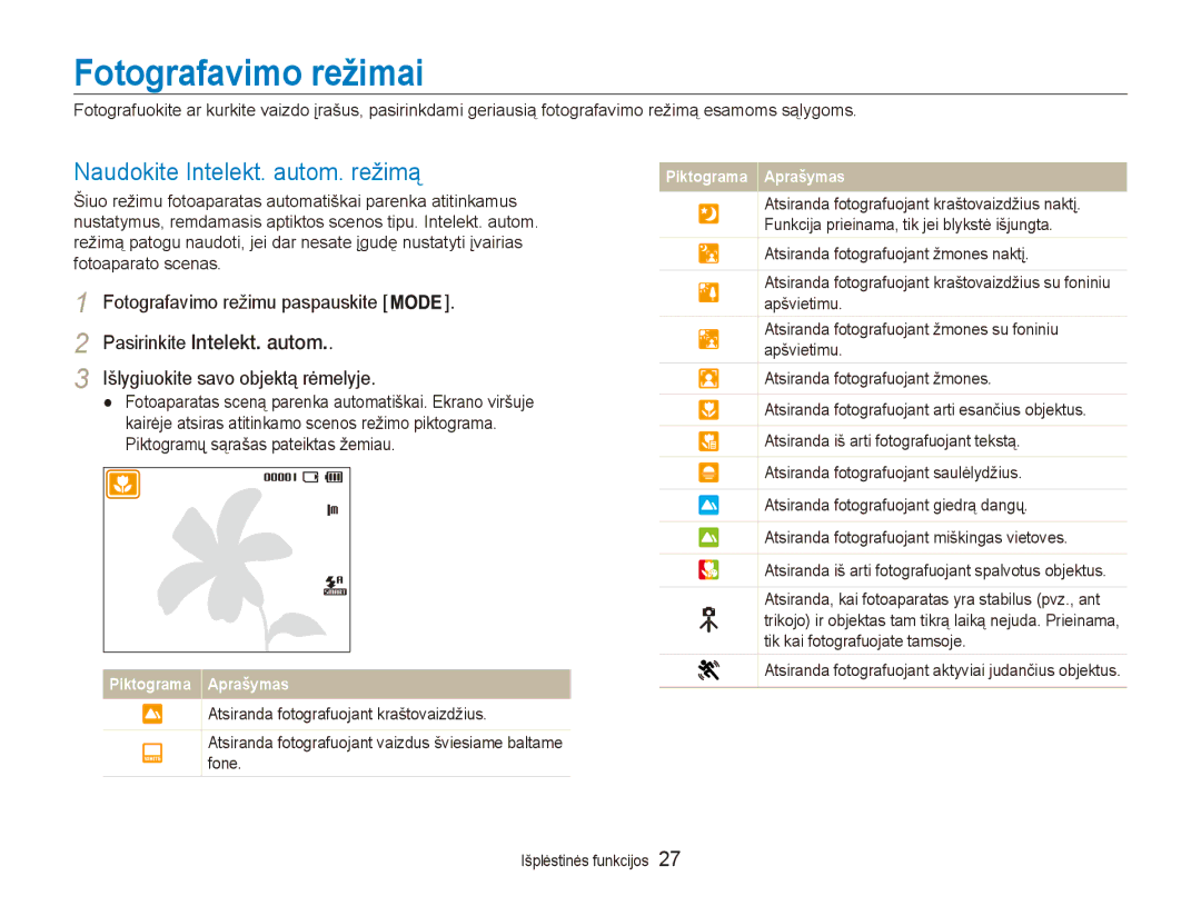 Samsung EC-ES80ZZBPBE2 manual Fotografavimo režimai, Naudokite Intelekt. autom. režimą 