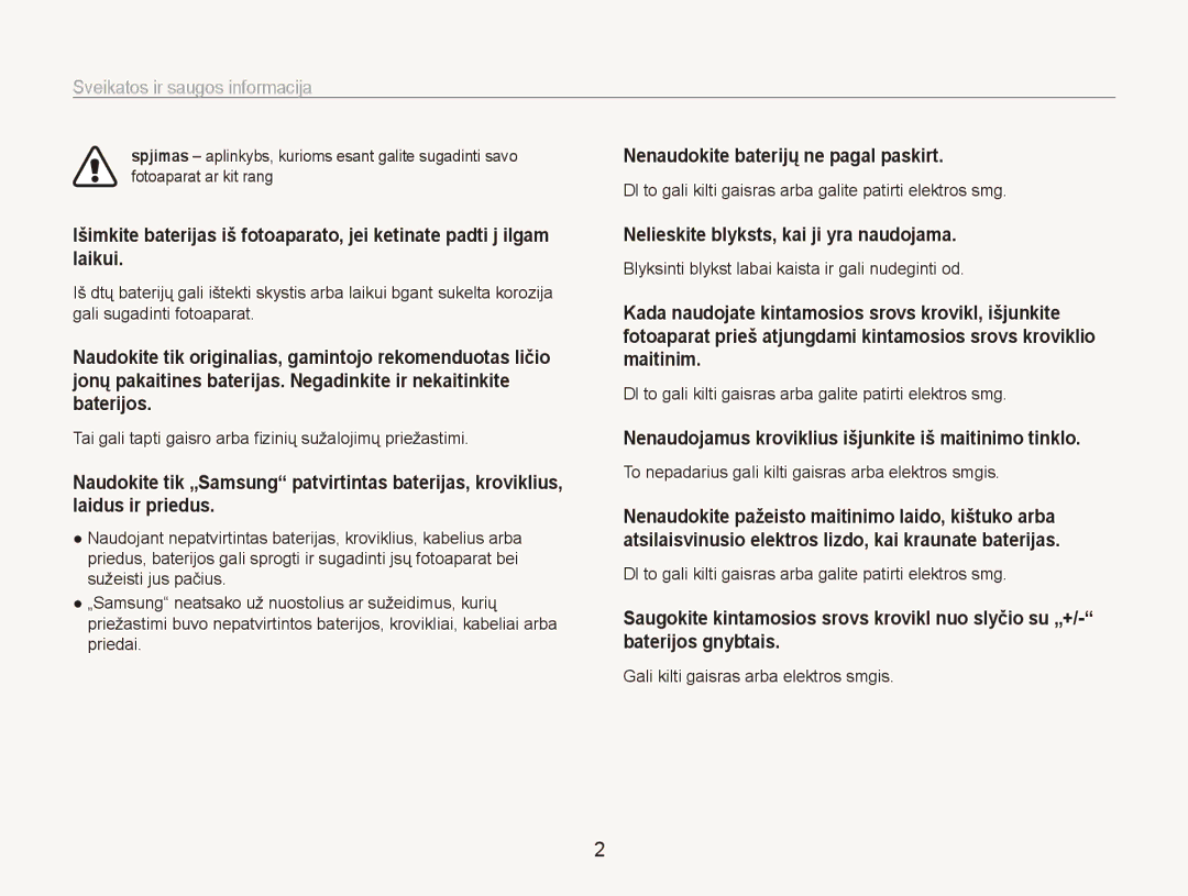 Samsung EC-ES80ZZBPBE2 manual Sveikatos ir saugos informacija, Nenaudokite baterijų ne pagal paskirt 
