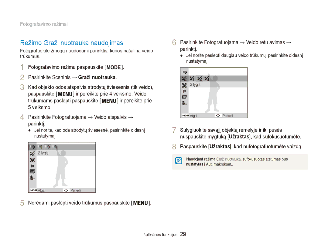 Samsung EC-ES80ZZBPBE2 manual Režimo Graži nuotrauka naudojimas, Pasirinkite Sceninis → Graži nuotrauka 