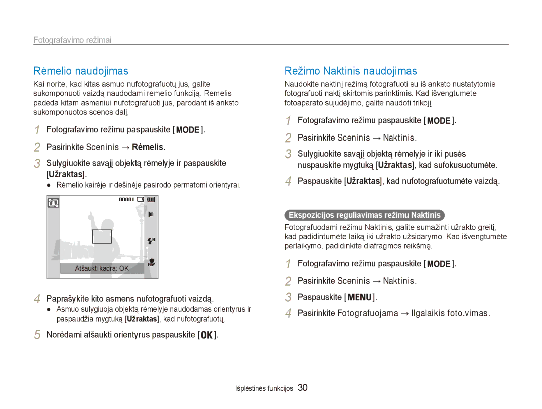 Samsung EC-ES80ZZBPBE2 manual Rėmelio naudojimas, Režimo Naktinis naudojimas, Pasirinkite Sceninis → Rėmelis, Užraktas 