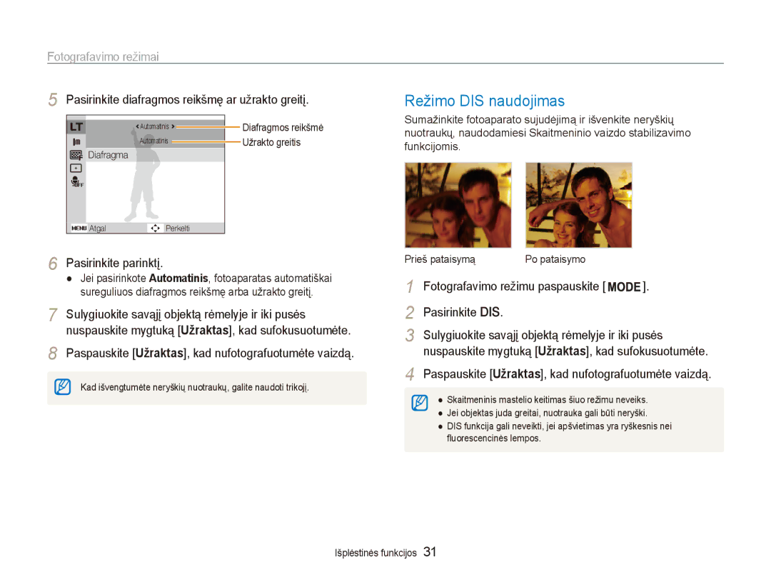 Samsung EC-ES80ZZBPBE2 manual Režimo DIS naudojimas, Pasirinkite diafragmos reikšmę ar užrakto greitį, Pasirinkite parinktį 