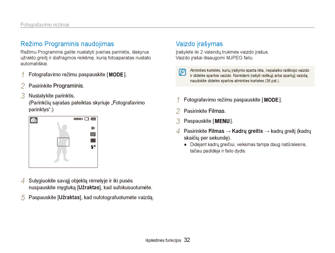 Samsung EC-ES80ZZBPBE2 manual Režimo Programinis naudojimas, Vaizdo įrašymas, Skaičių per sekundę, Pasirinkite Filmas 