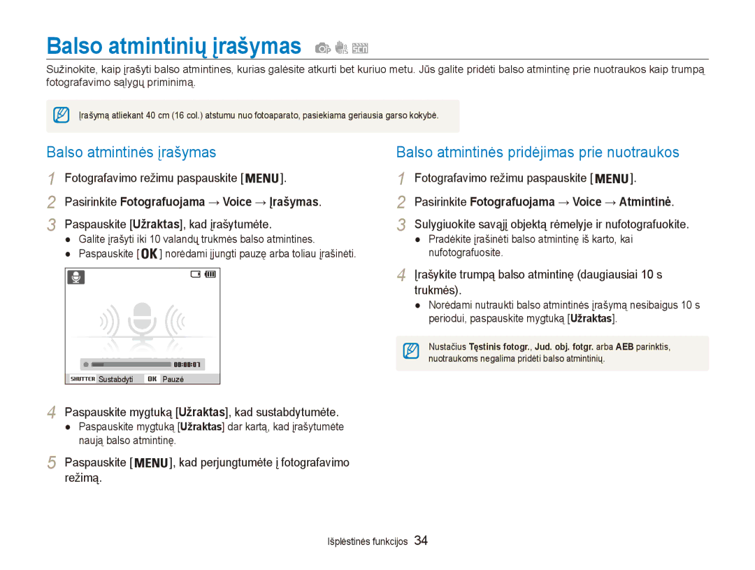 Samsung EC-ES80ZZBPBE2 Balso atmintinių įrašymas, Balso atmintinės įrašymas, Balso atmintinės pridėjimas prie nuotraukos 