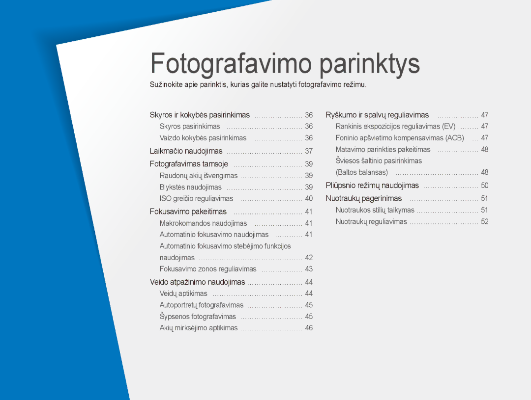 Samsung EC-ES80ZZBPBE2 manual Fotografavimo parinktys, Ryškumo ir spalvų reguliavimas … ……………… 