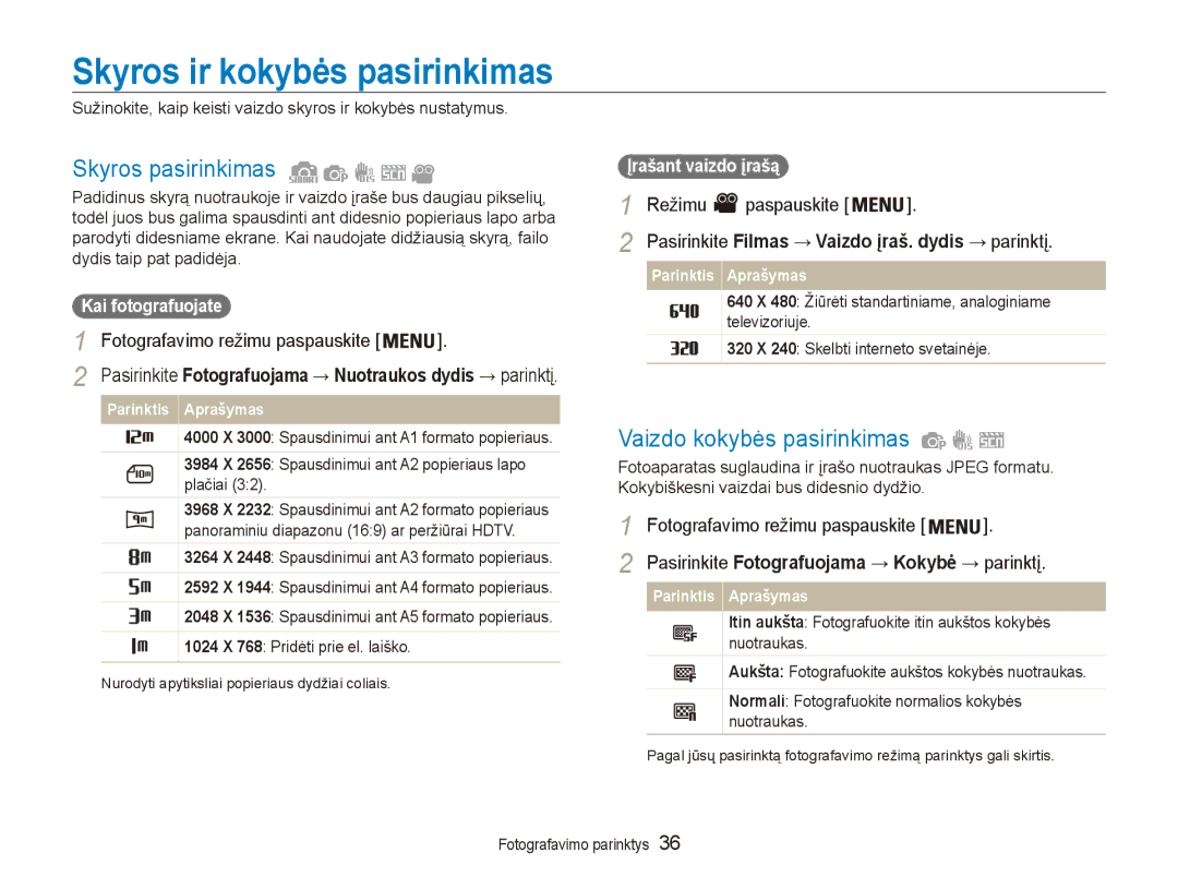 Samsung EC-ES80ZZBPBE2 manual Skyros ir kokybės pasirinkimas, Skyros pasirinkimas, Vaizdo kokybės pasirinkimas 