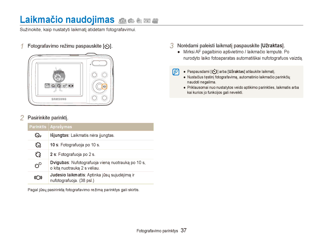 Samsung EC-ES80ZZBPBE2 manual Laikmačio naudojimas, Norėdami paleisti laikmatį paspauskite Užraktas 