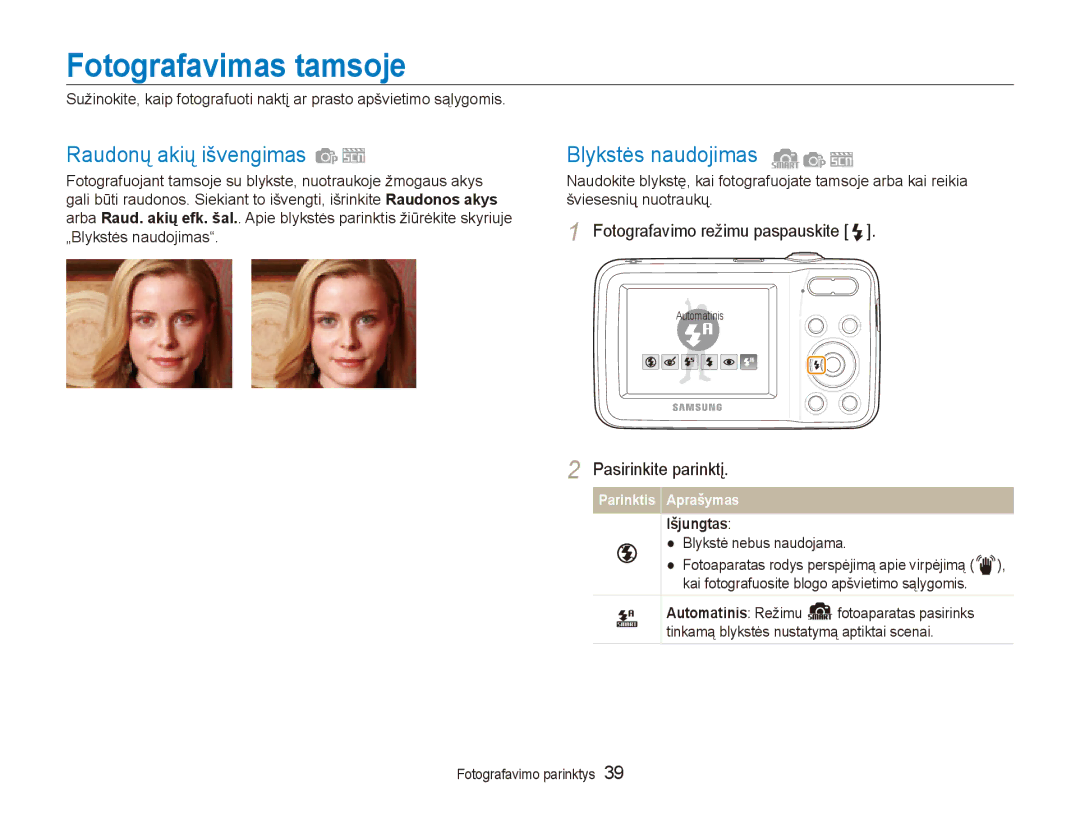 Samsung EC-ES80ZZBPBE2 manual Fotografavimas tamsoje, Raudonų akių išvengimas, Blykstės naudojimas, Išjungtas 