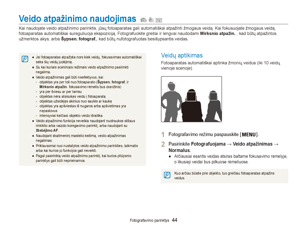 Samsung EC-ES80ZZBPBE2 manual Veido atpažinimo naudojimas, Veidų aptikimas, Normalus 