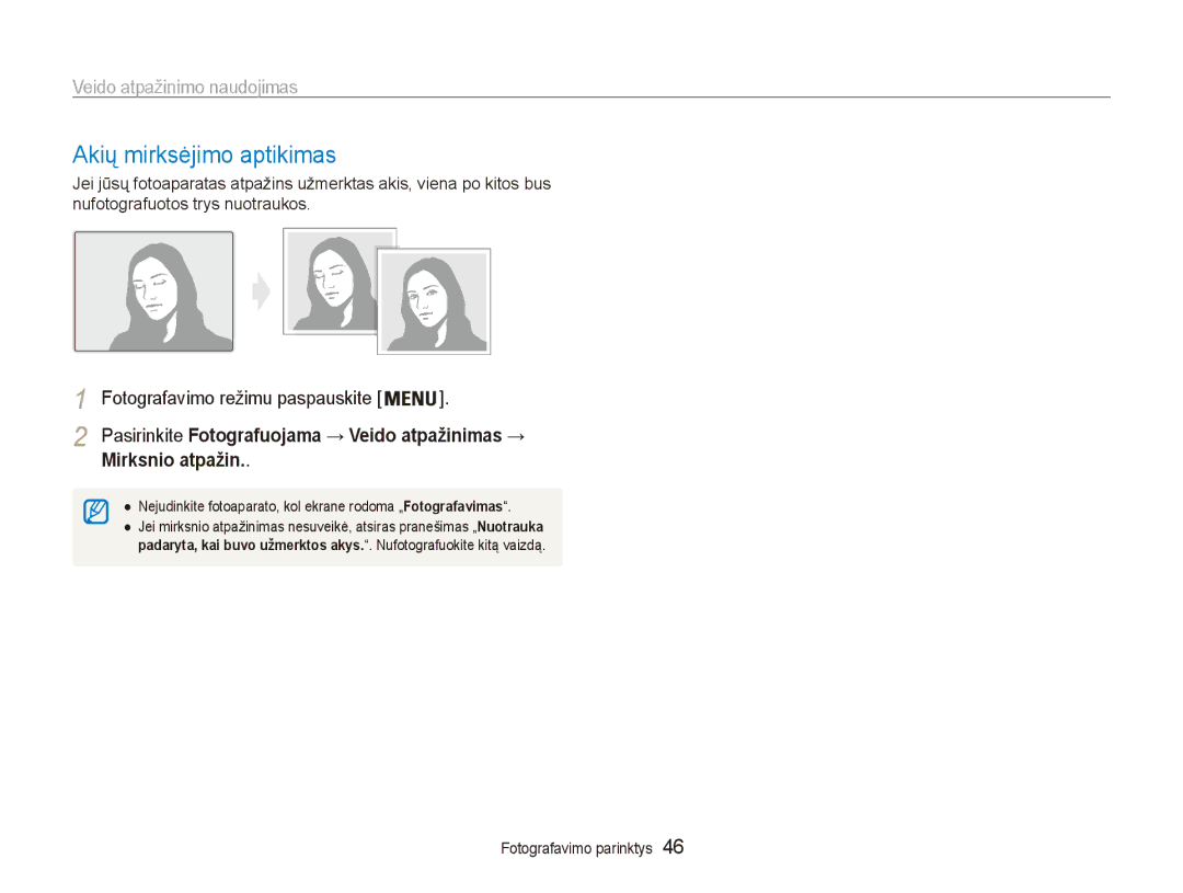 Samsung EC-ES80ZZBPBE2 manual Akių mirksėjimo aptikimas, Mirksnio atpažin, Pasirinkite Fotografuojama → Veido atpažinimas → 