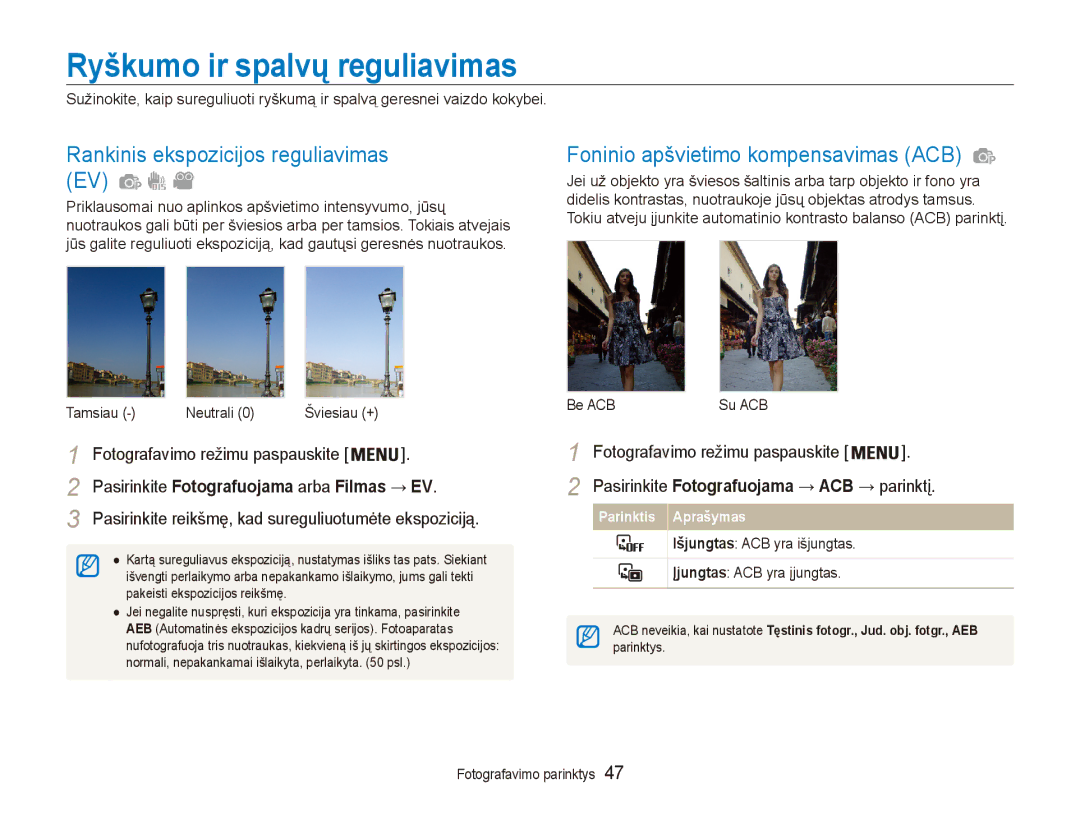 Samsung EC-ES80ZZBPBE2 manual Ryškumo ir spalvų reguliavimas, Rankinis ekspozicijos reguliavimas EV 