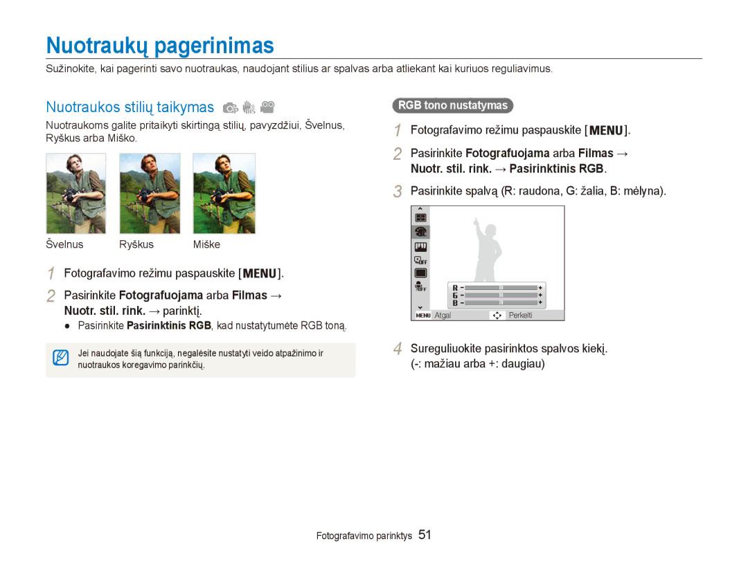 Samsung EC-ES80ZZBPBE2 manual Nuotraukų pagerinimas, Nuotraukos stilių taikymas, Nuotr. stil. rink. → parinktį 