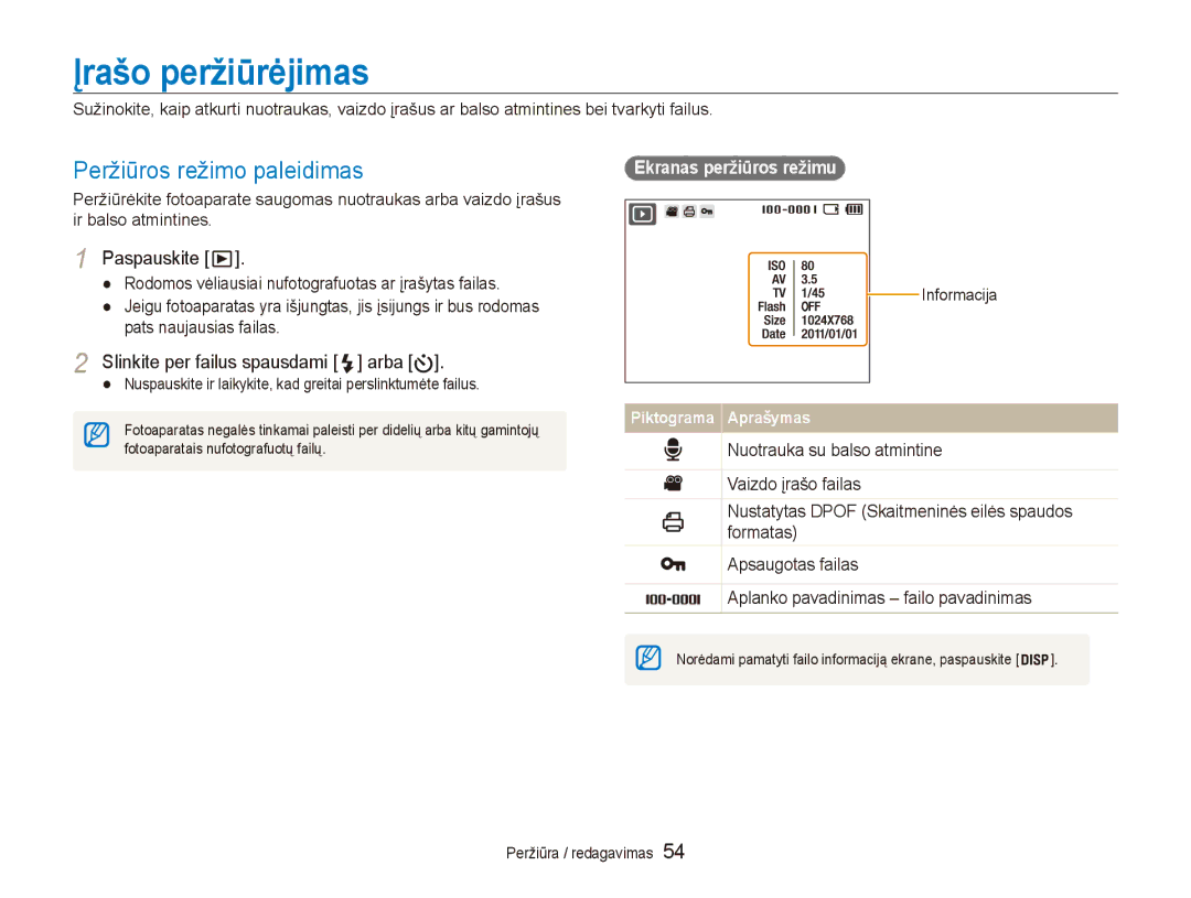 Samsung EC-ES80ZZBPBE2 manual Įrašo peržiūrėjimas, Peržiūros režimo paleidimas, Slinkite per failus spausdami arba 