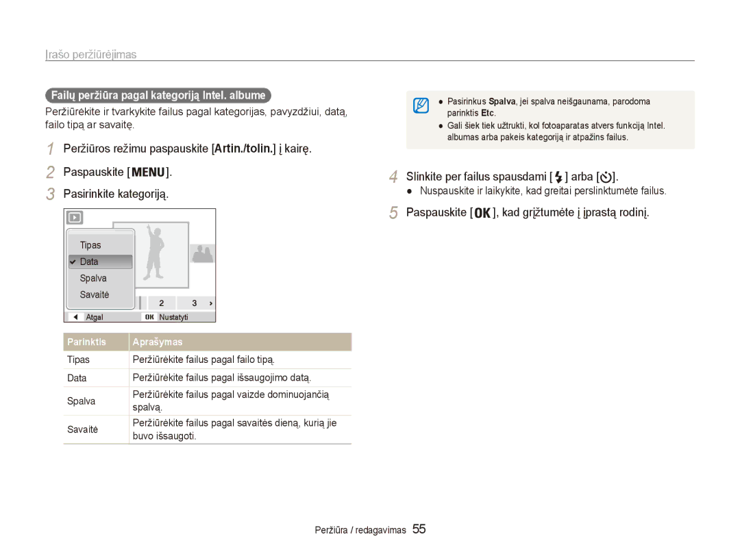 Samsung EC-ES80ZZBPBE2 manual Įrašo peržiūrėjimas, Paspauskite Pasirinkite kategoriją 