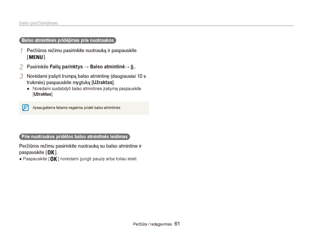 Samsung EC-ES80ZZBPBE2 manual Trukmės paspauskite mygtuką Užraktas, Balso atmintinės pridėjimas prie nuotraukos 