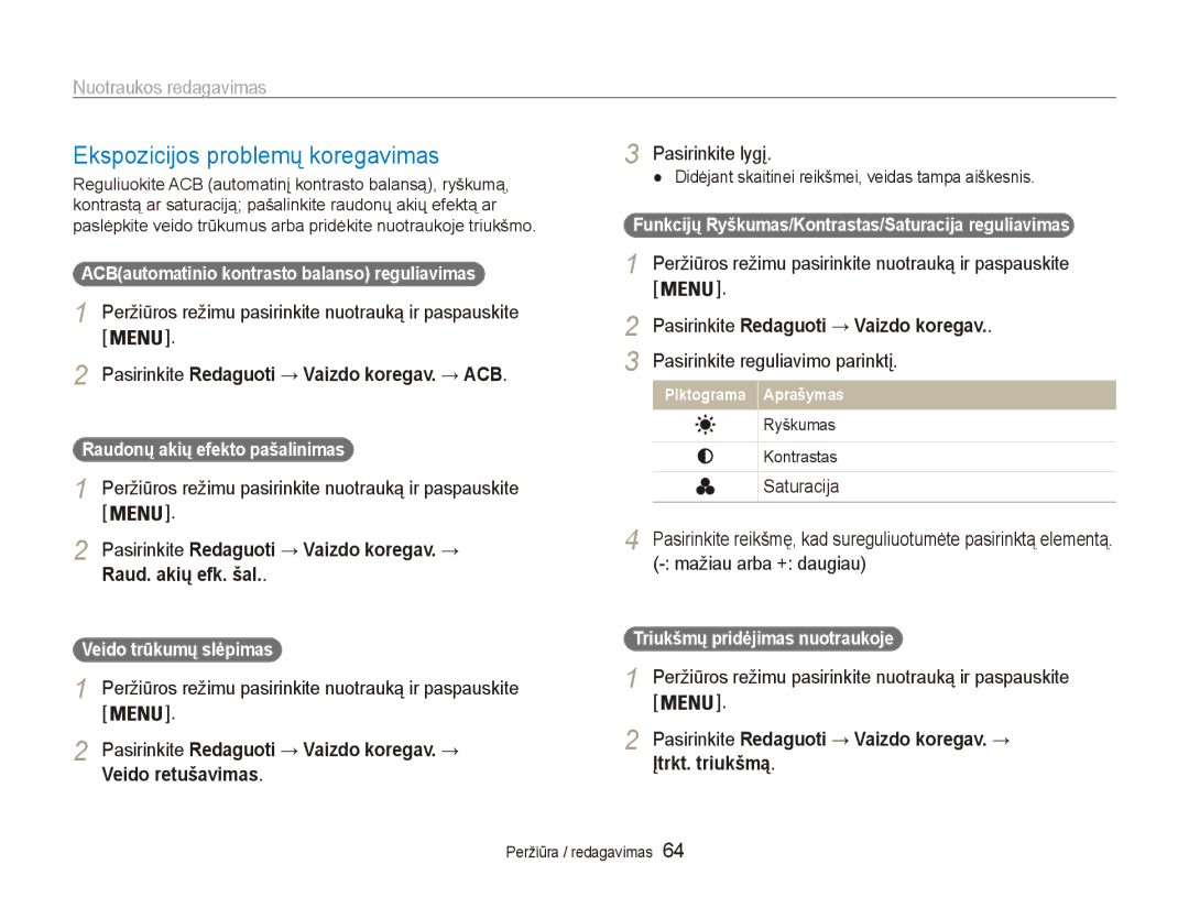 Samsung EC-ES80ZZBPBE2 manual Ekspozicijos problemų koregavimas, Pasirinkite Redaguoti → Vaizdo koregav. → ACB 