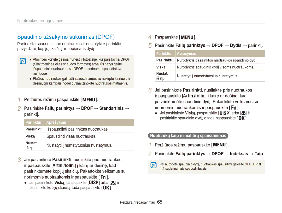 Samsung EC-ES80ZZBPBE2 manual Spaudinio užsakymo sukūrimas Dpof, Išspausdinti pasirinktas nuotraukas, Parinktis Aprašymas 