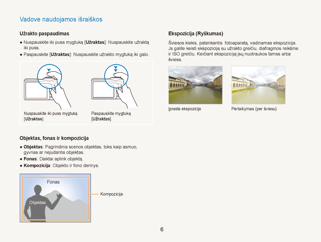 Samsung EC-ES80ZZBPBE2 manual Vadove naudojamos išraiškos, Užrakto paspaudimas, Objektas, fonas ir kompozicija, Užraktas 