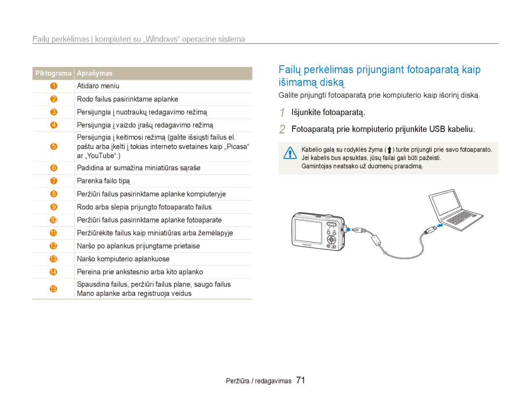 Samsung EC-ES80ZZBPBE2 manual Failų perkėlimas prijungiant fotoaparatą kaip išimamą diską 