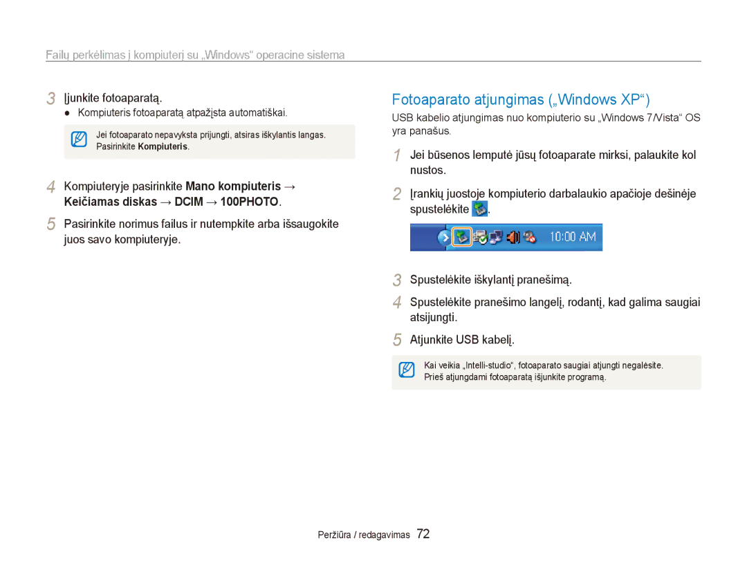 Samsung EC-ES80ZZBPBE2 manual Fotoaparato atjungimas „Windows XP, Nustos, Spustelėkite Spustelėkite iškylantį pranešimą 