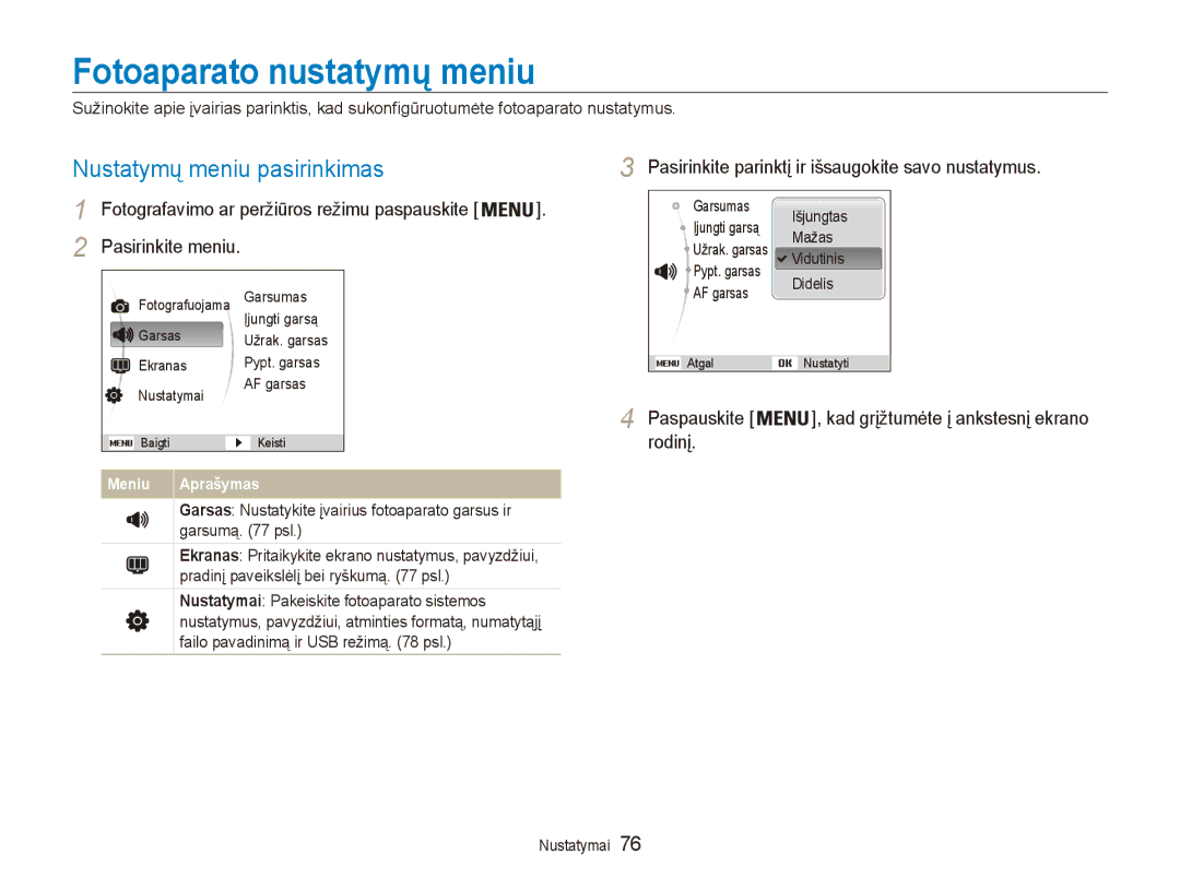 Samsung EC-ES80ZZBPBE2 manual Fotoaparato nustatymų meniu, Nustatymų meniu pasirinkimas, Rodinį 